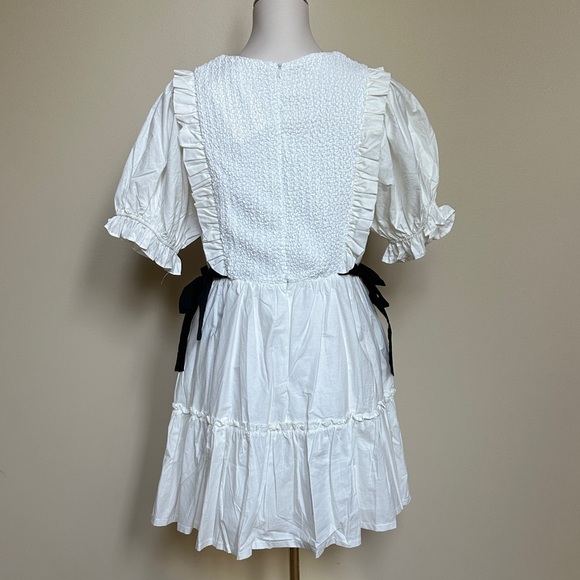 New &Marci White Ruffle Mini Dress- Puffy Sleeves, Bows and Pockets - Picture 3 of 6